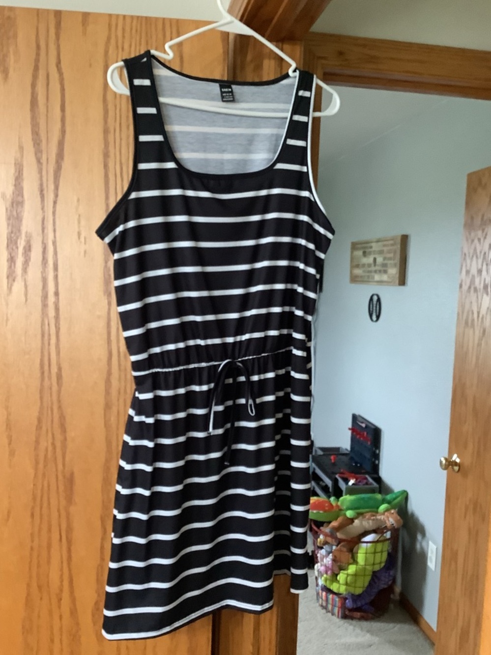 SHEIN Black and White Striped Drawstring Tank Mini Dress